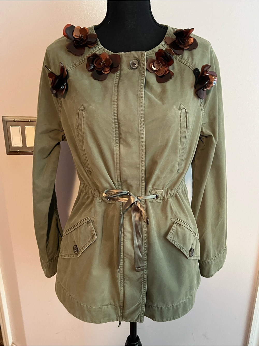Banana Republic Jacket Womens Green Military Twill Floral Applique Zip